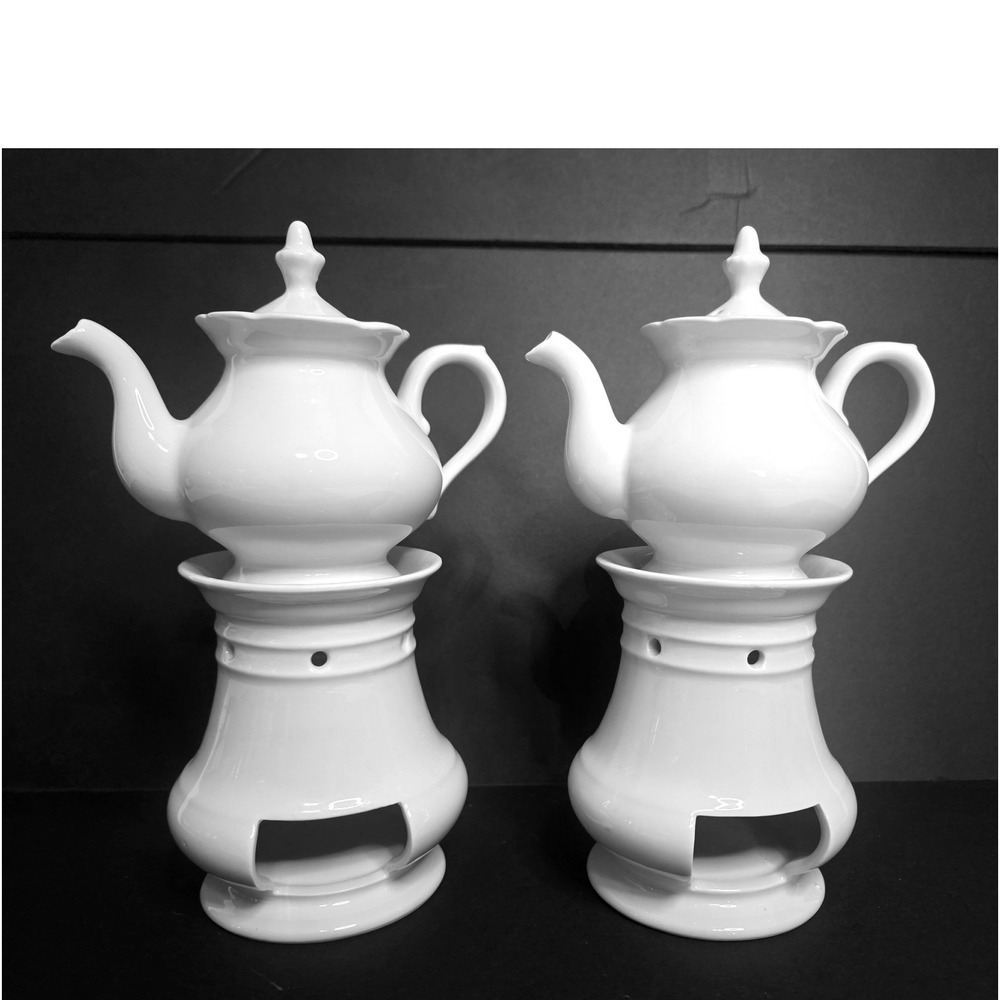 VTG Porcelaine Avignon France White Ceramic Teapot with Warmer Base Set of 2